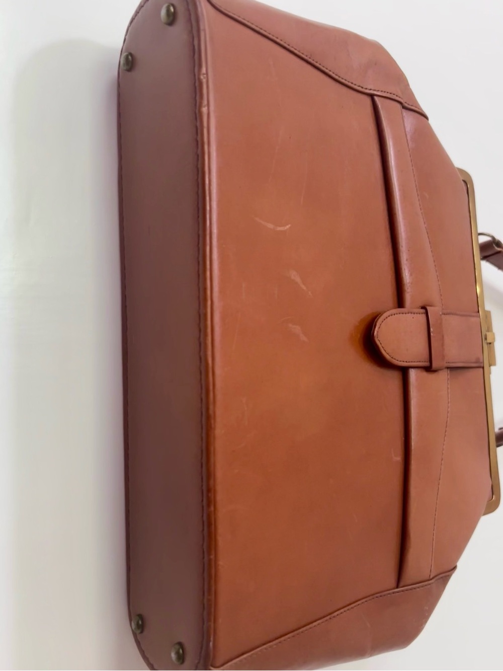 Letisse| Vintage Cognac Genuine Leather Frame Top Handle Handbag Satchel 60s 70s - Picture 7 of 8